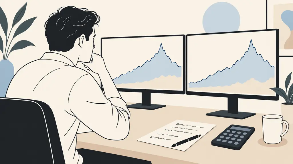 close-up editorial photograph of a futures trader watching a 50,000-dollar account equity curve peak then retreat on dual monitors, calculator beside a handwritten 2,500-dollar risk limit, no text, no logo