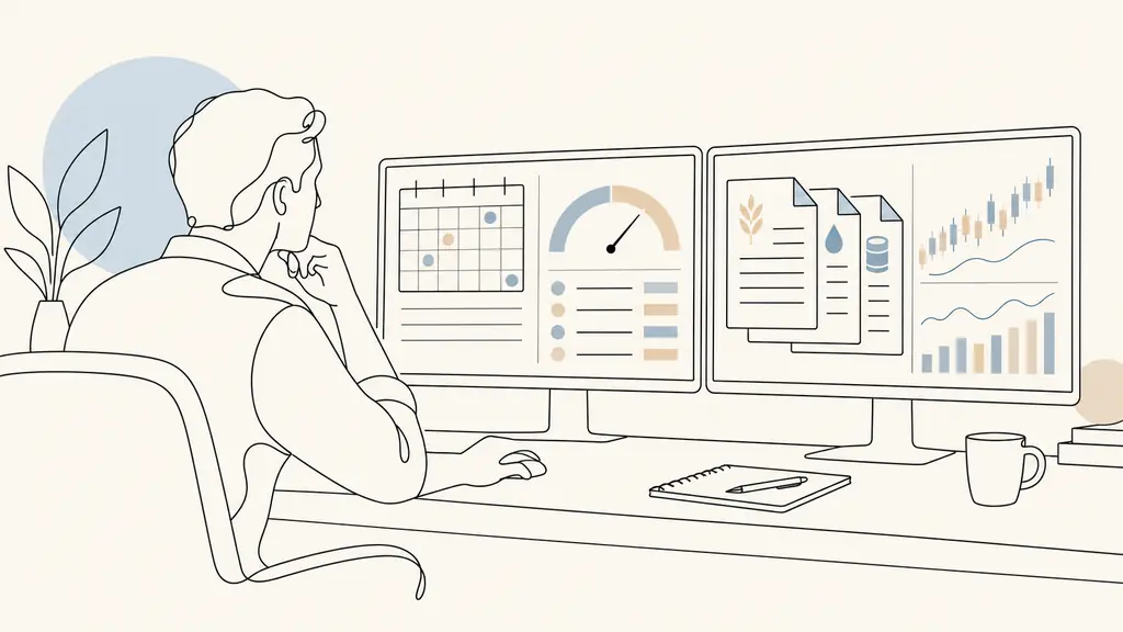 editorial photograph of a futures trader reviewing a payout request calendar, minimum balance calculation and dated contract on two monitors, no text, no logo