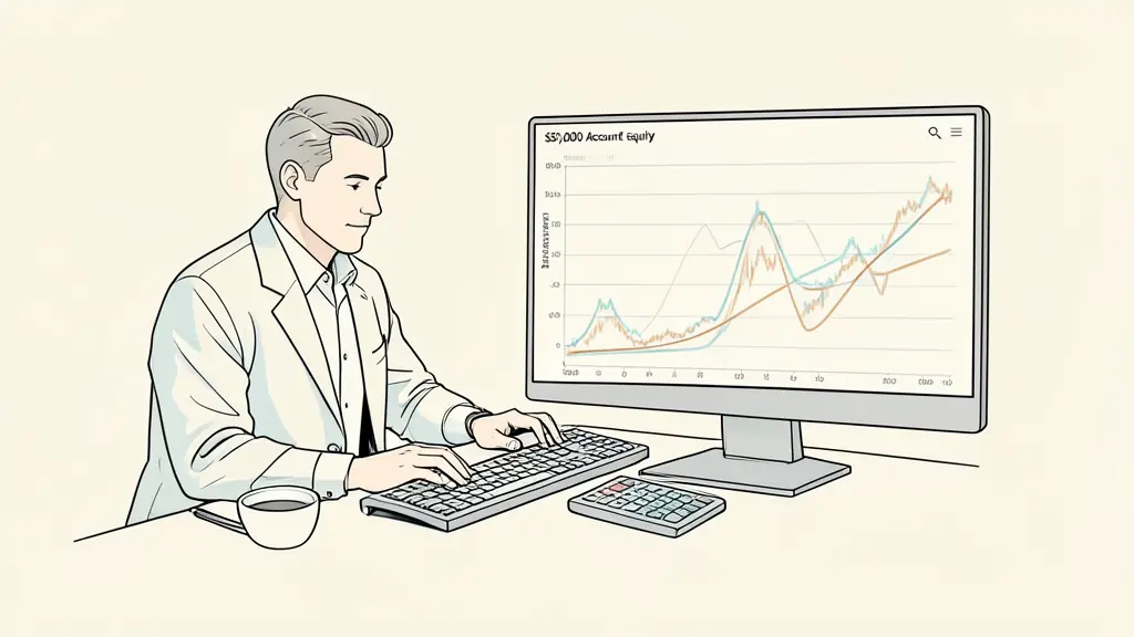 futures trader monitoring a $50,000 account equity curve, drawdown calculator beside the keyboard, intraday chart retracing from a peak