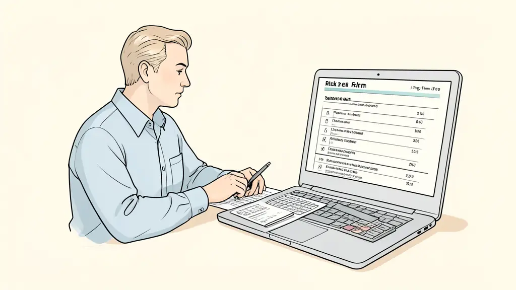 trader reviewing a printed risk checklist, position-size calculator on a laptop, dated prop firm rules beside the screen