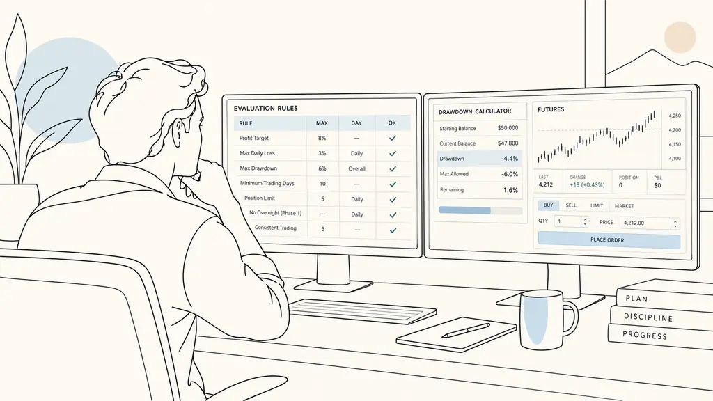 futures trader comparing an evaluation rules table, drawdown calculator and trading platform on two desktop monitors