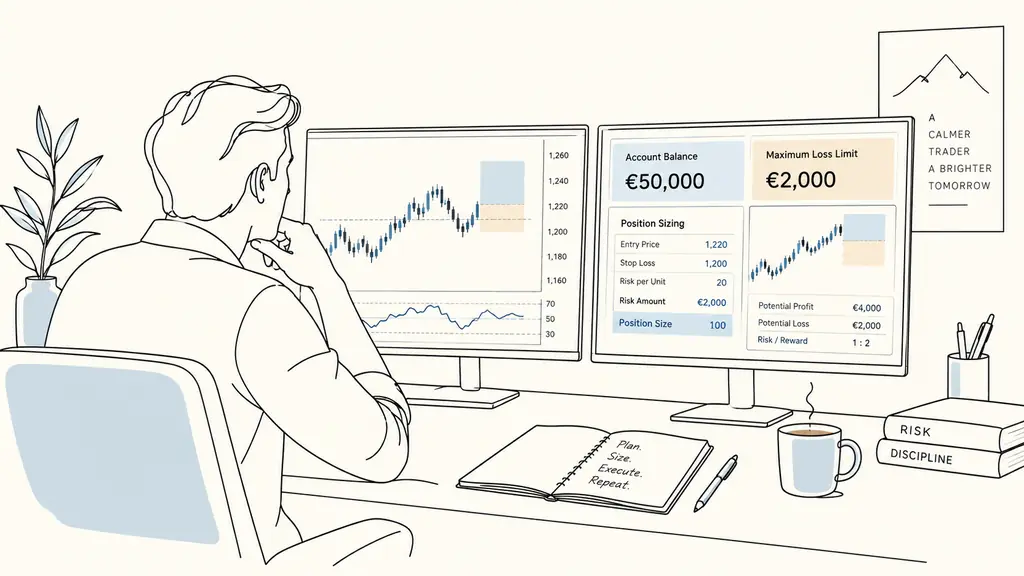 futures trader checking a 50000 euro account balance, a 2000 euro loss limit and position sizing on two monitors, no visible logos