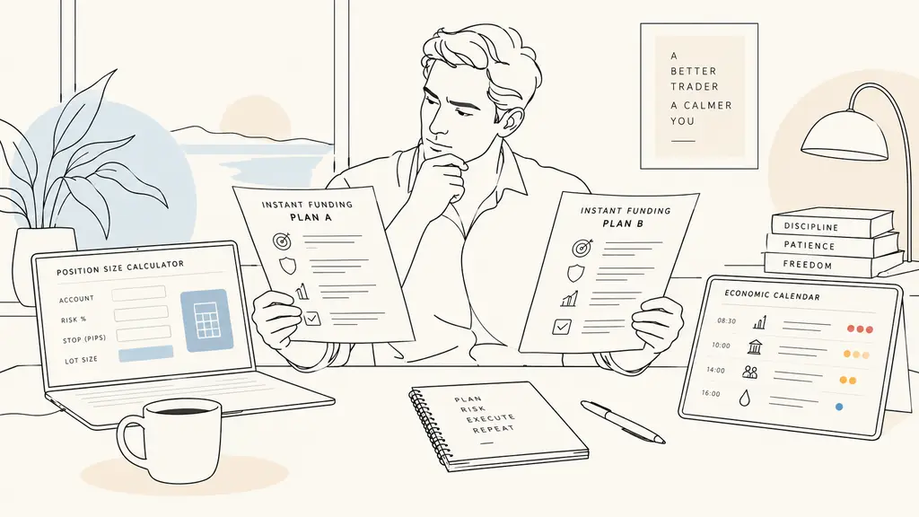 trader comparing two instant funding rule sheets beside a position size calculator and an economic calendar on a desk