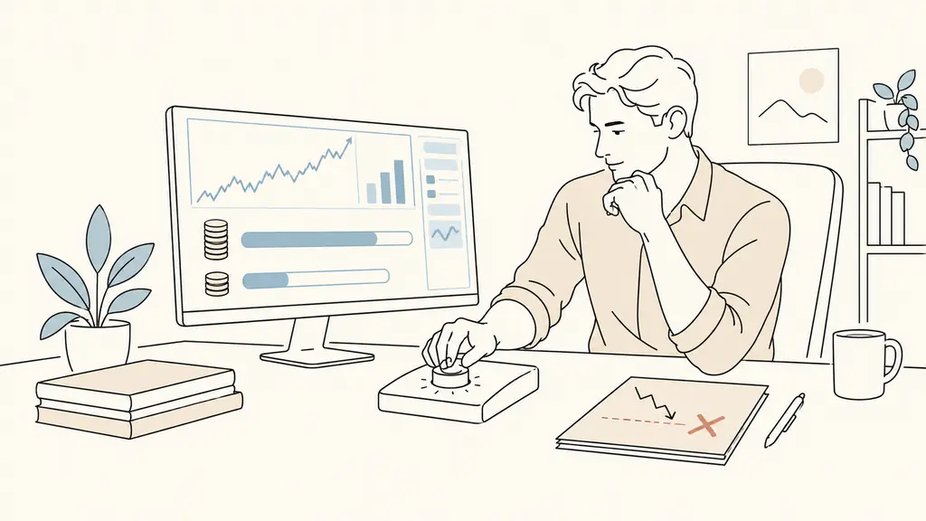 trader adjusting a position size calculator beside a screen showing a 50000 euro account and a handwritten 2500 euro loss limit, editorial photography, no text or logo